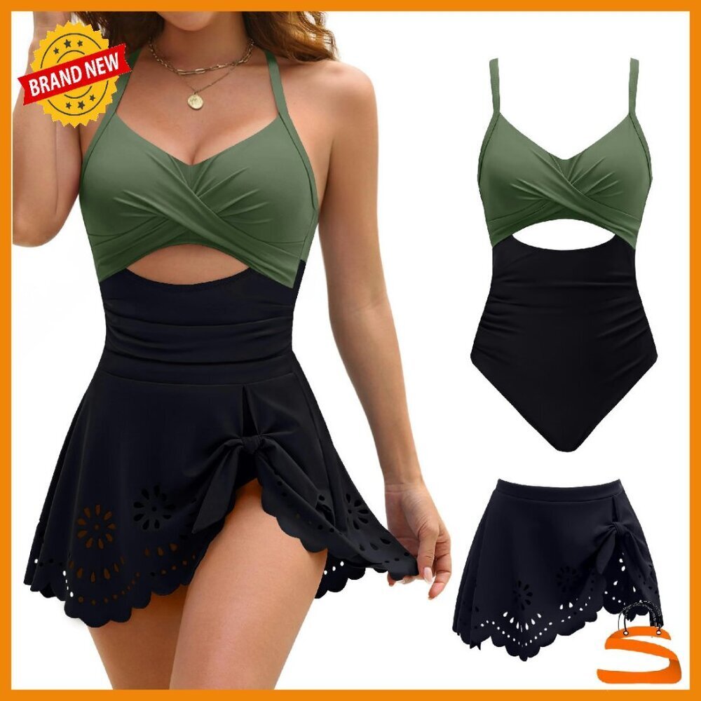 Tummy Control One Piece Swimsuit with Detachable Skirt, Cutout Design